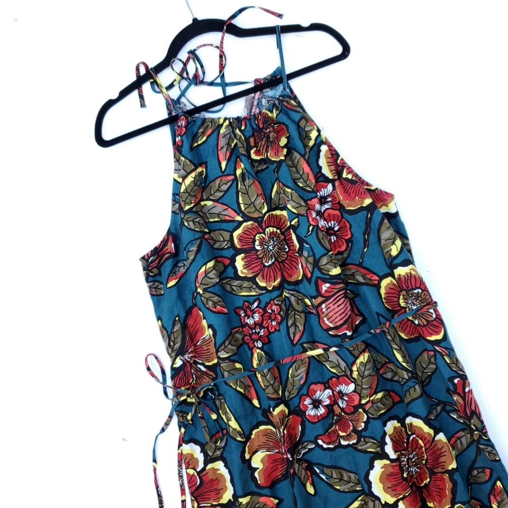 LOFT Floral Blue Linen Blend Tie Waist Maxi Dress